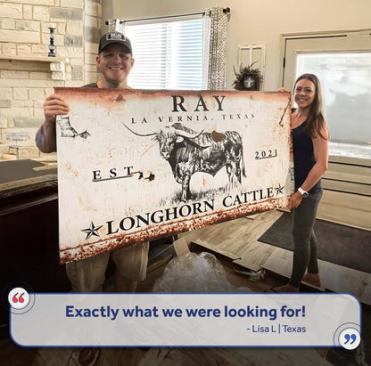 Longhorn Rustic Cattle Sign III canvas by Tailored Canvases with a distressed rust finish on Tampa Home & Garden Store