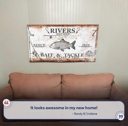 Bait and Tackle Sign III canvas by Tailored Canvases featuring rusted vintage fishing print on Tampa Home & Garden Store