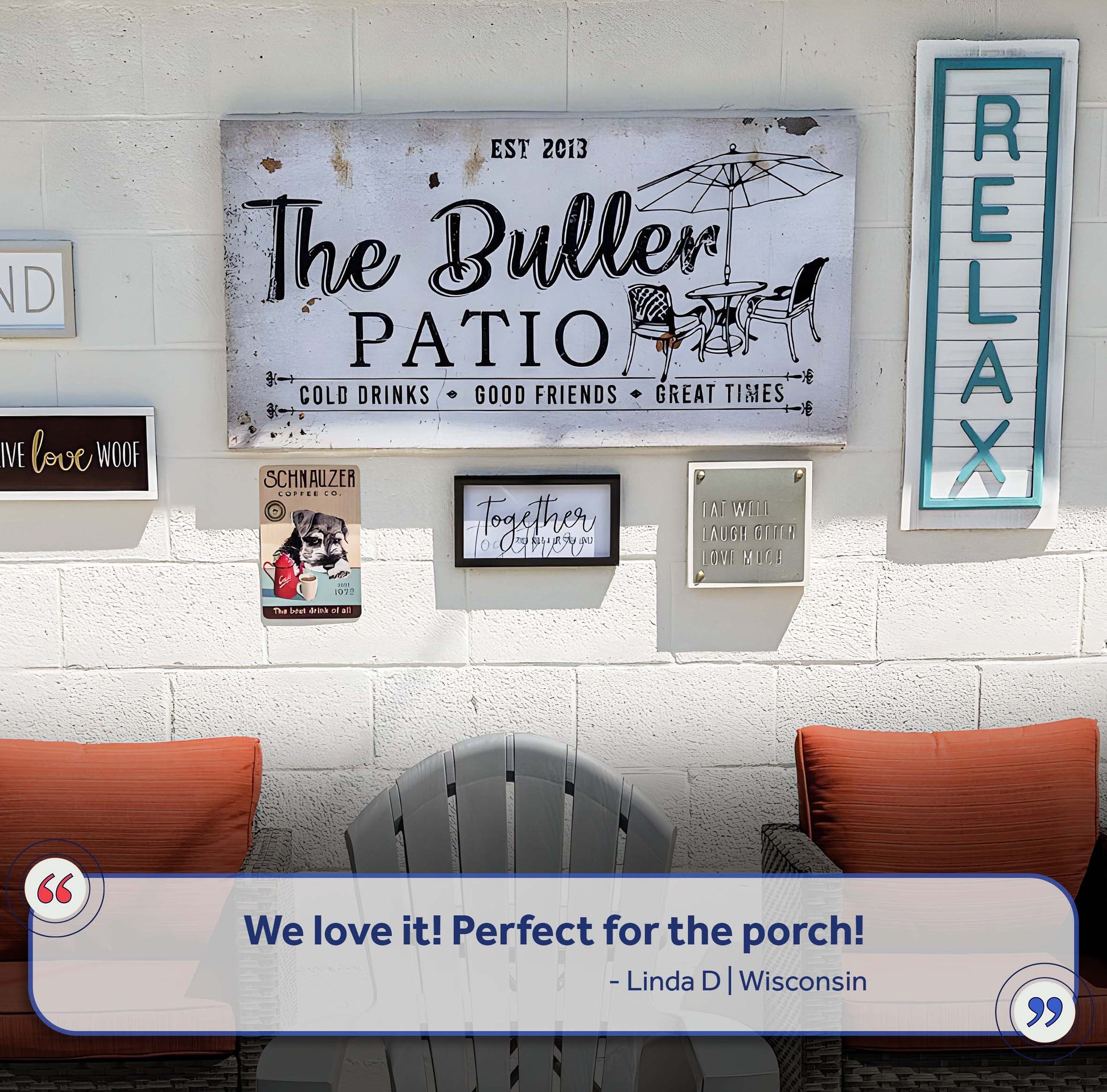 Family Patio Sign II canvas by Tailored Canvases; distressed white board with black The Butler Patio and chairs on Tampa Home & Garden Store