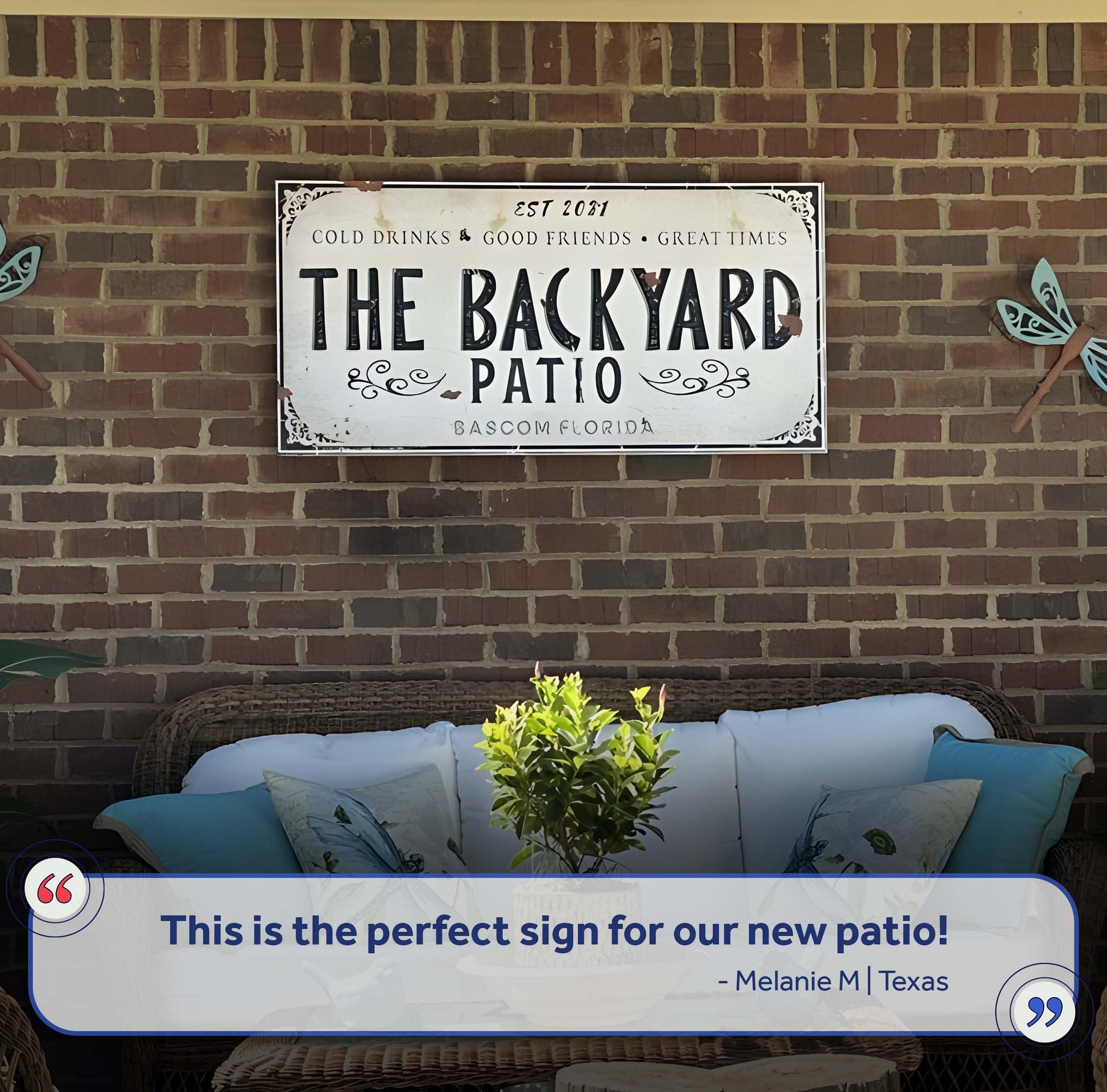 Family Patio Sign canvas with bold black lettering on brick wall on Tampa Home & Garden Store
