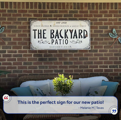 Family Patio Sign canvas with bold black lettering on brick wall on Tampa Home & Garden Store