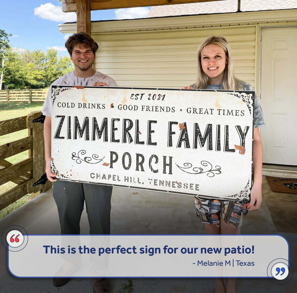 Family patio sign canvas by Tailored Canvases, vintage white with black lettering on Tampa Home & Garden Store