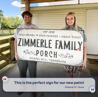 Family patio sign canvas by Tailored Canvases, vintage white with black lettering on Tampa Home & Garden Store