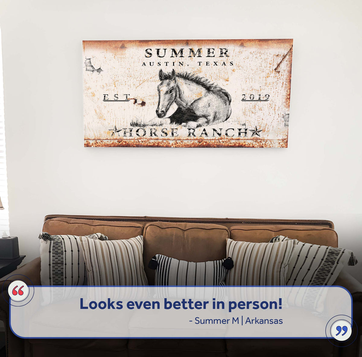 Rustic Horse Ranch Sign IV canvas by Tailored Canvases featuring a sketch of a horse on a weathered sign on Tampa Home & Garden Store