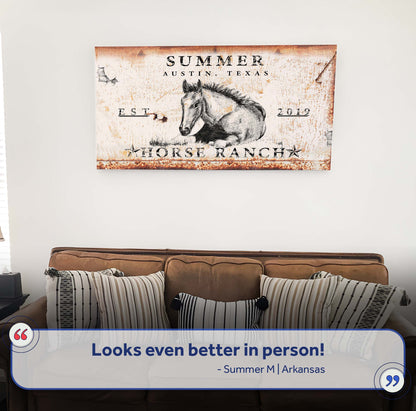Rustic Horse Ranch Sign IV canvas by Tailored Canvases featuring a sketch of a horse on a weathered sign on Tampa Home & Garden Store