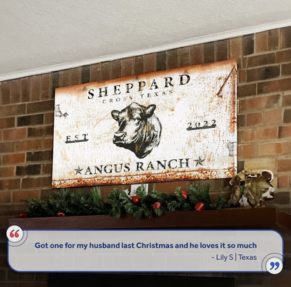 Angus Ranch Sign III canvas art with rust finish and cow illustration by Tailored Canvases on Tampa Home & Garden Store