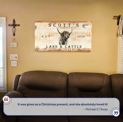Land And Cattle Rustic Sign II canvas with longhorn on weathered rust backdrop on Tampa Home & Garden Store