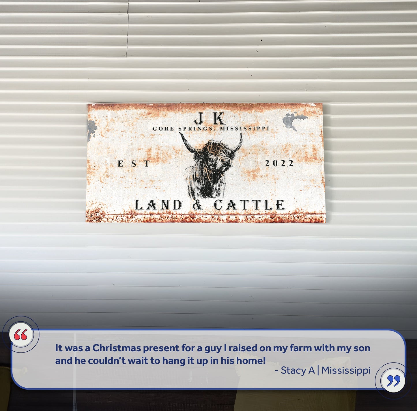 Land And Cattle Sign II canvas by Tailored Canvases, weathered white with rust and cattle art on Tampa Home & Garden Store