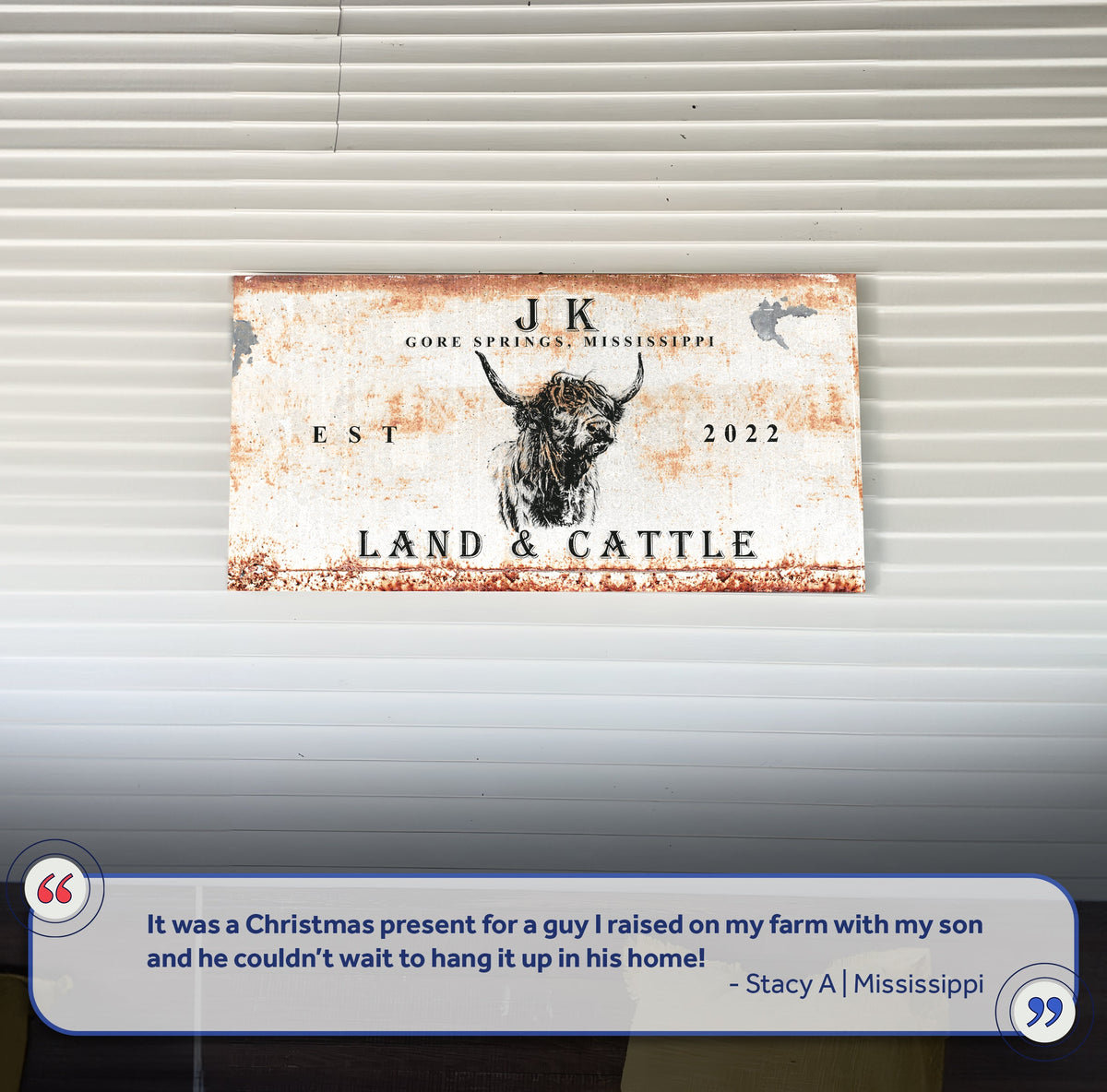 Land And Cattle Sign II canvas by Tailored Canvases, weathered white with rust and cattle art on Tampa Home & Garden Store