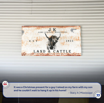 Land And Cattle Sign II canvas by Tailored Canvases, weathered white with rust and cattle art on Tampa Home & Garden Store