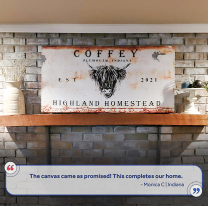 Land And Cattle Rustic Sign III canvas by Tailored Canvases with highland cow artwork on Tampa Home & Garden Store
