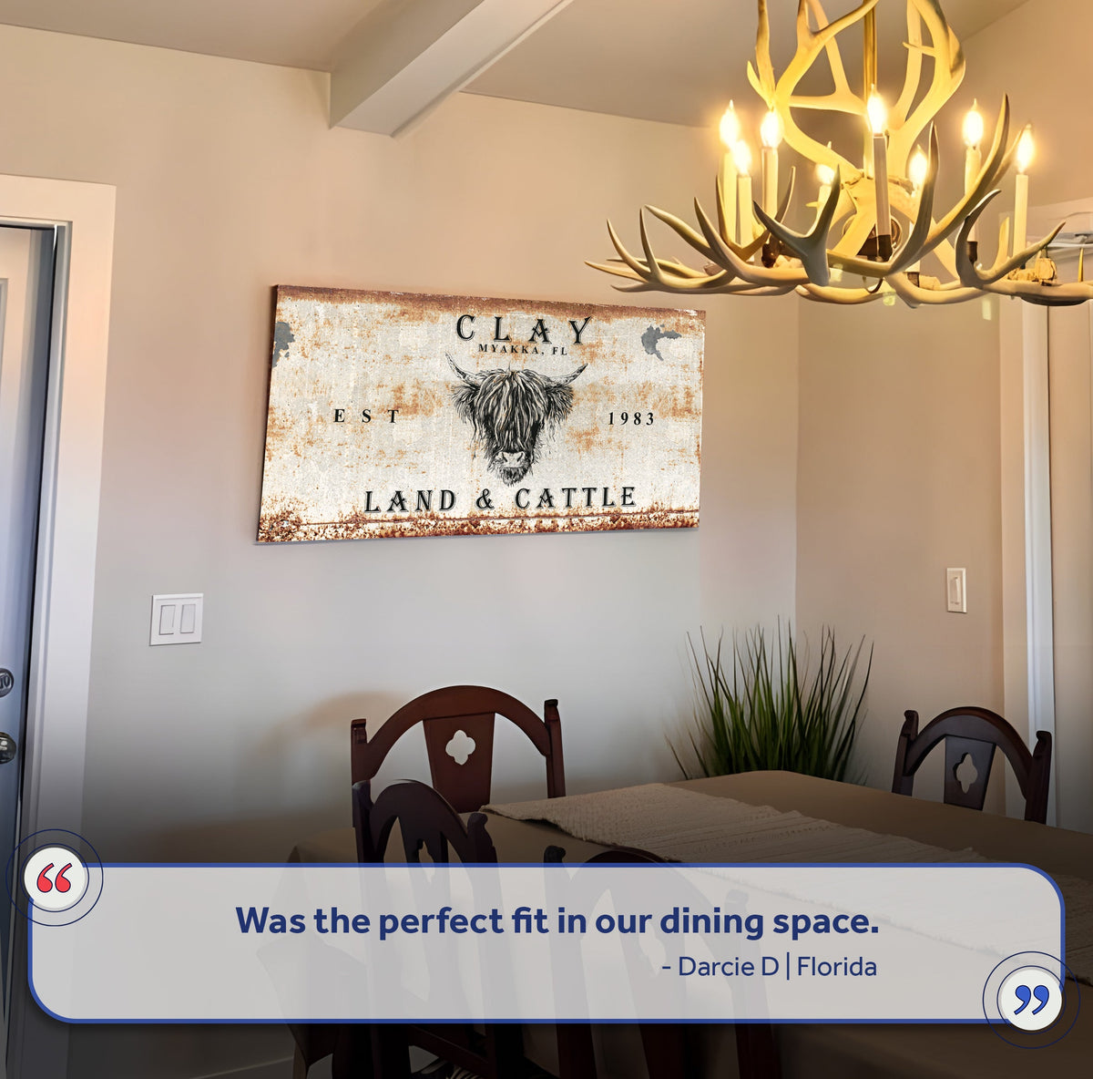 Land And Cattle Rustic Sign III canvas with weathered rust finish and longhorn image on Tampa Home & Garden Store