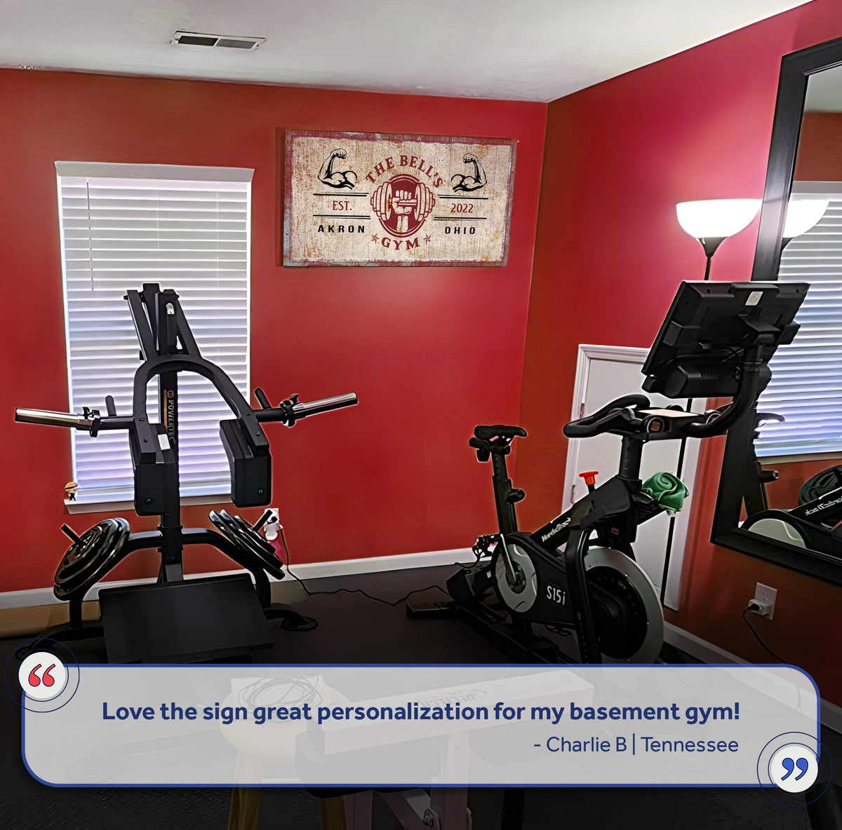 Gym Sign X canvas wall art by Tailored Canvases; distressed beige with red border and weights on Tampa Home & Garden Store