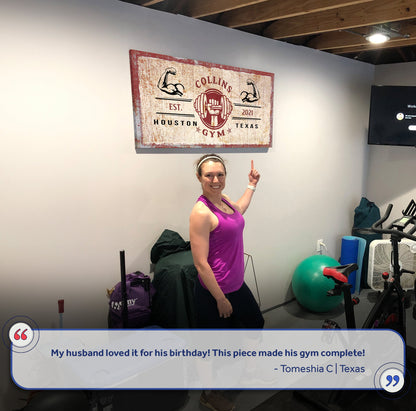 Gym Sign X canvas wall art with distressed red border and vintage weightlifting logo on Tampa Home & Garden Store