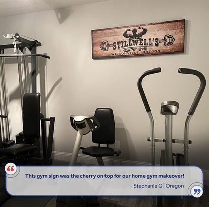 Gym Sign III canvas wall art with rustic wood grain and Stillwell's Gym logo (Wilsonville, Oregon) on Tampa Home & Garden Store