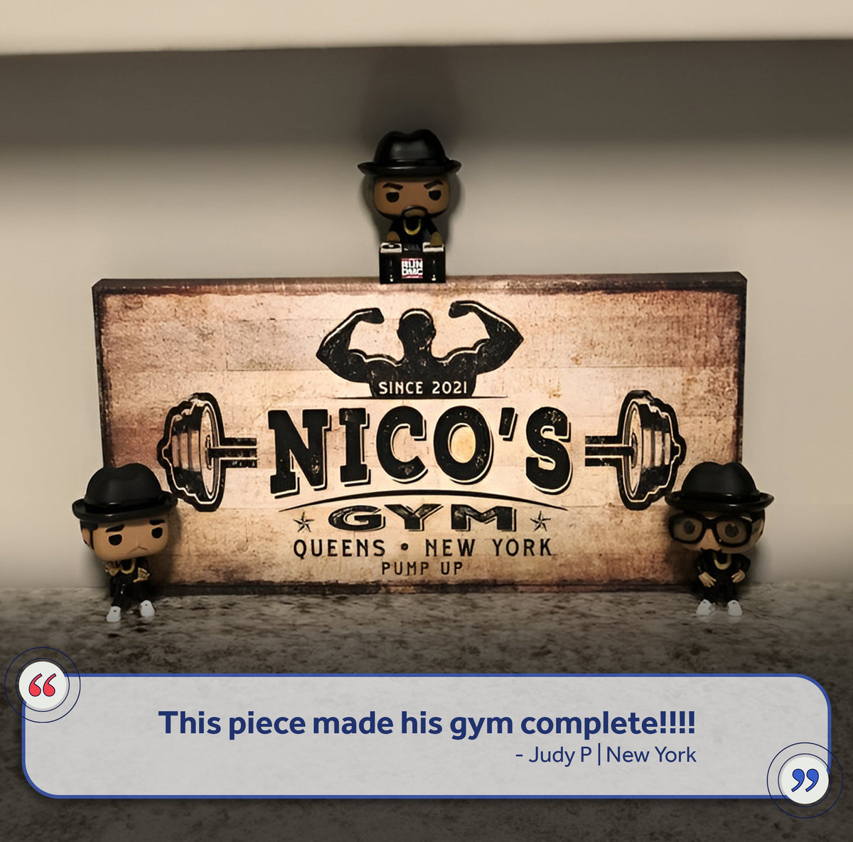 Gym Sign V canvas by Tailored Canvases with three small figurines around a vintage sign on Tampa Home & Garden Store