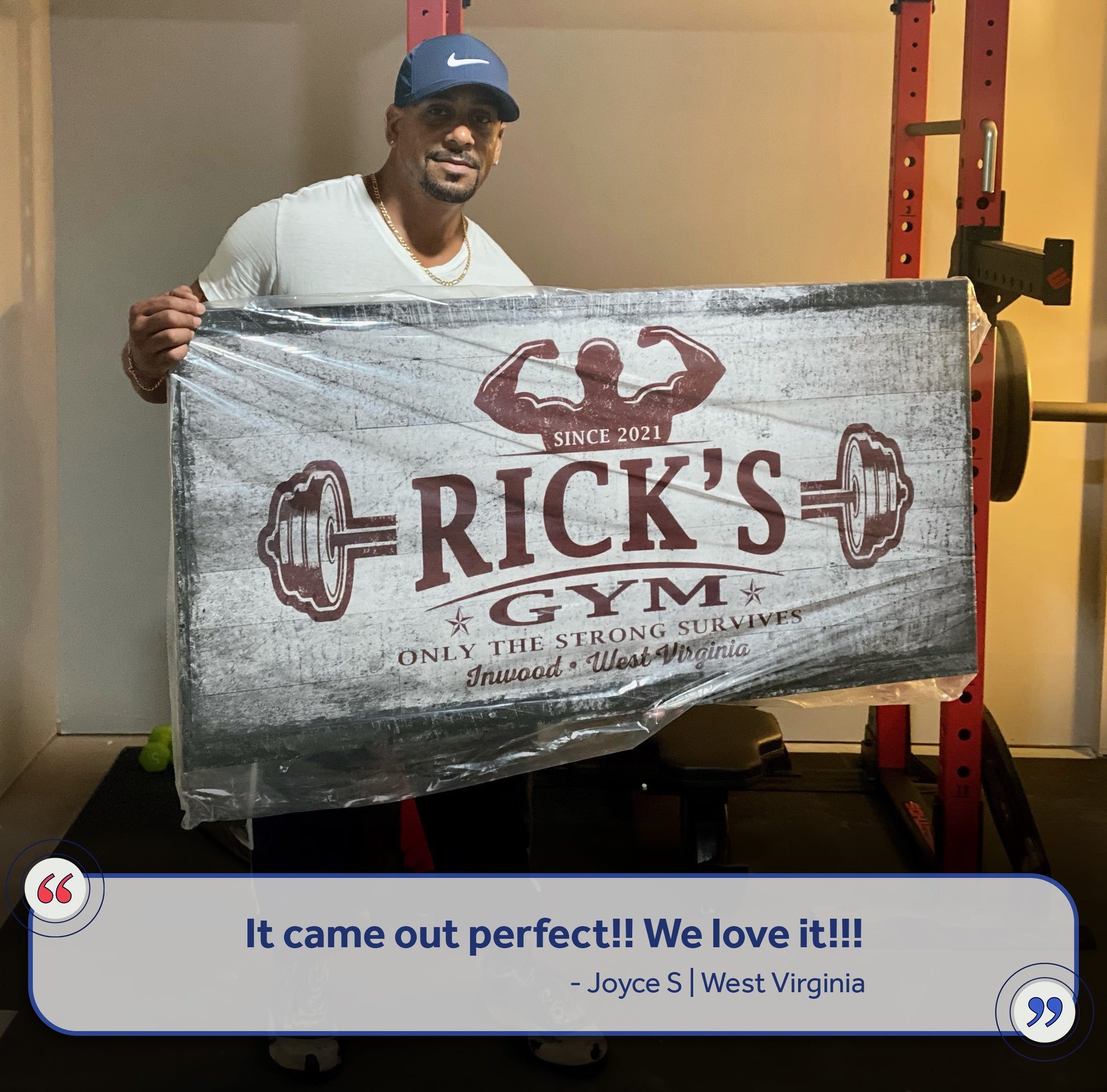 Canvas Gym Sign VI by Tailored Canvases in distressed gray wood-look finish with red gym logo on Tampa Home & Garden Store