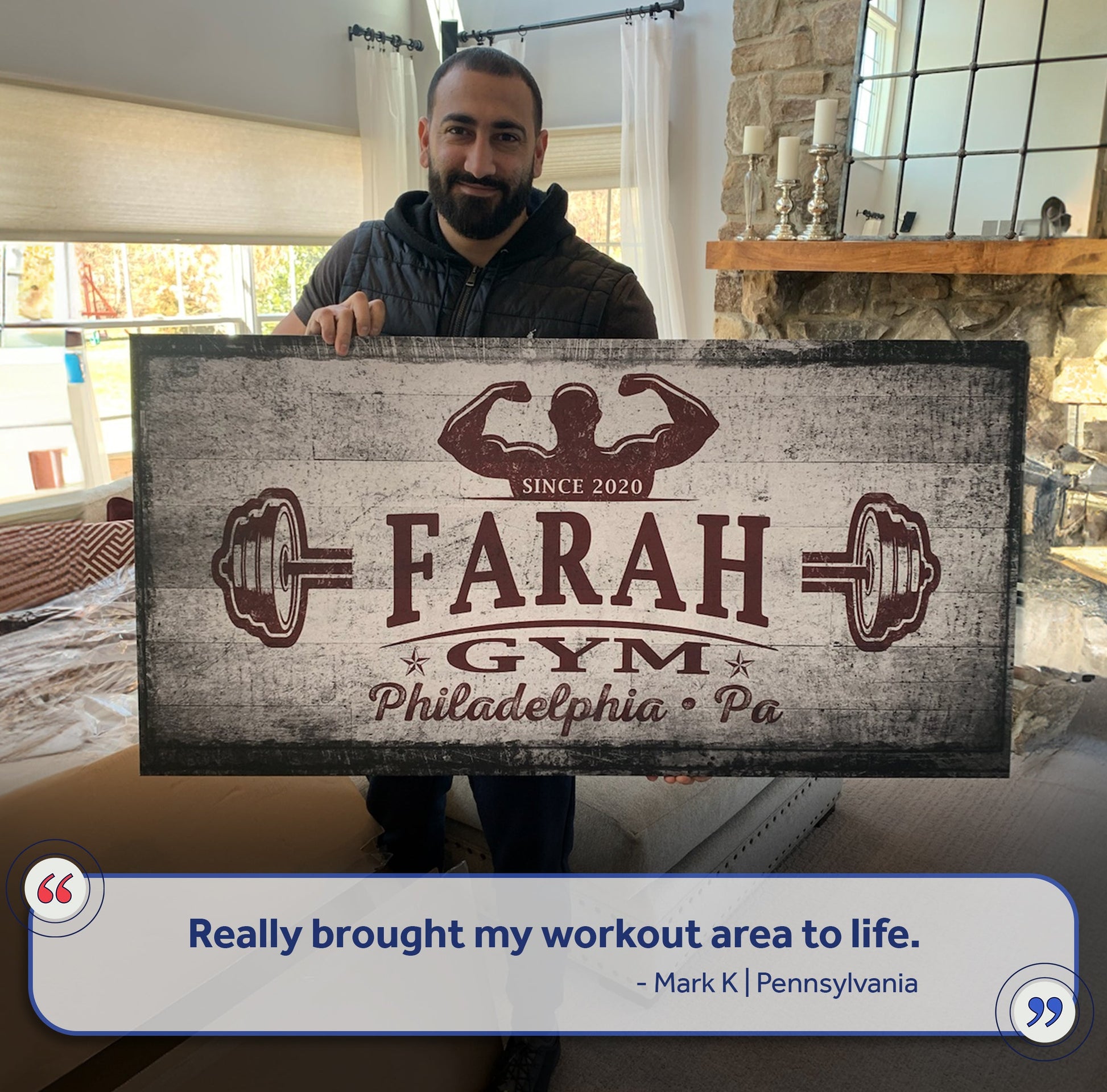 Gym Sign VI canvas with distressed gray texture and red flexed-arm logo, large sign held by man on Tampa Home & Garden Store
