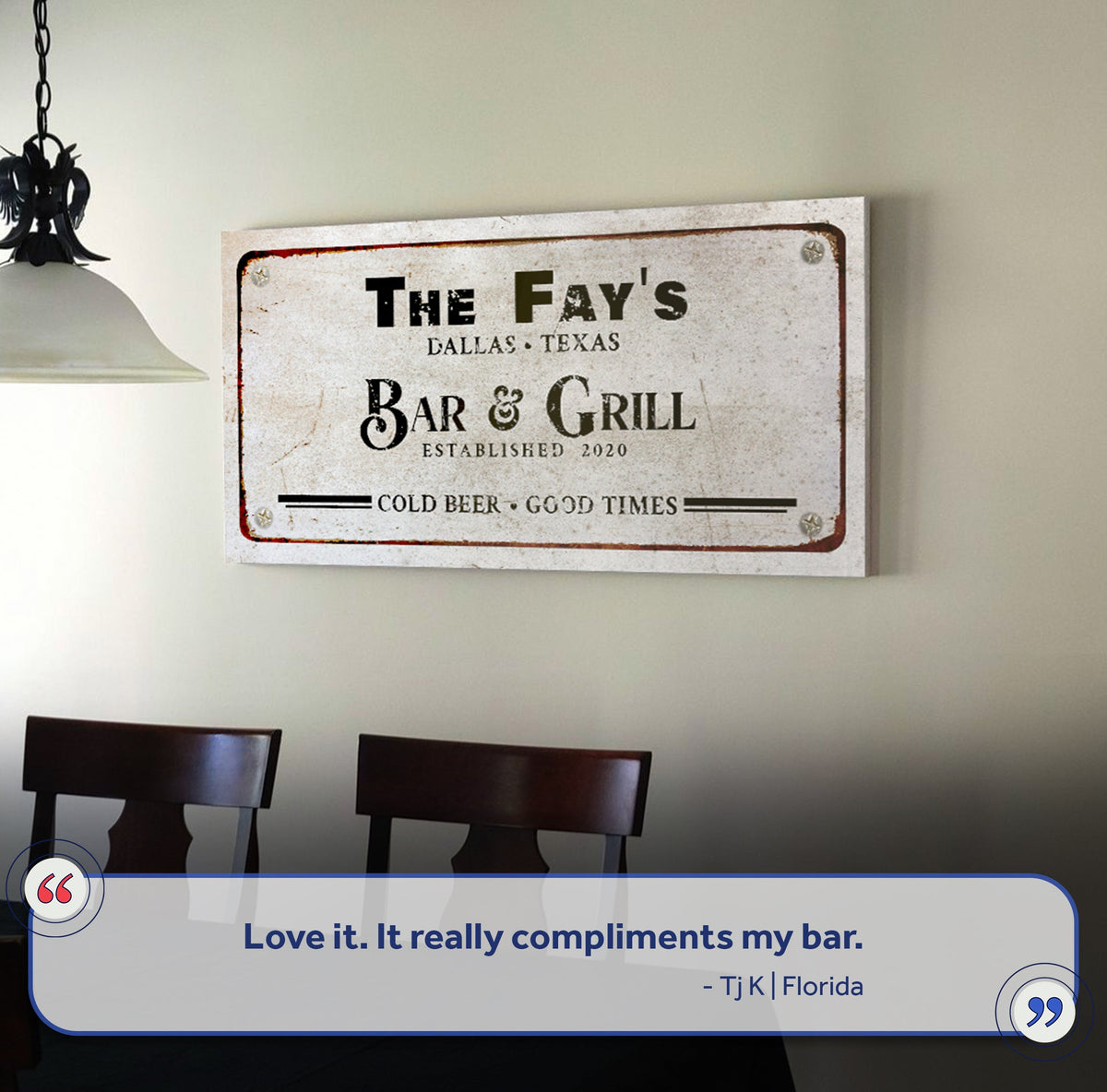 Bar & Grill Sign VII canvas; bold black text Fay's Dallas Texas Bar & Grill Est 2020 on Tampa Home & Garden Store
