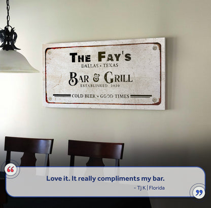 Bar & Grill Sign VII canvas; bold black text Fay's Dallas Texas Bar & Grill Est 2020 on Tampa Home & Garden Store