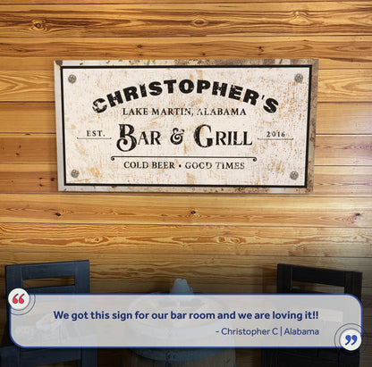 Bar and Grill Sign VIII canvas by Tailored Canvases, rustic aged plaque on Tampa Home & Garden Store