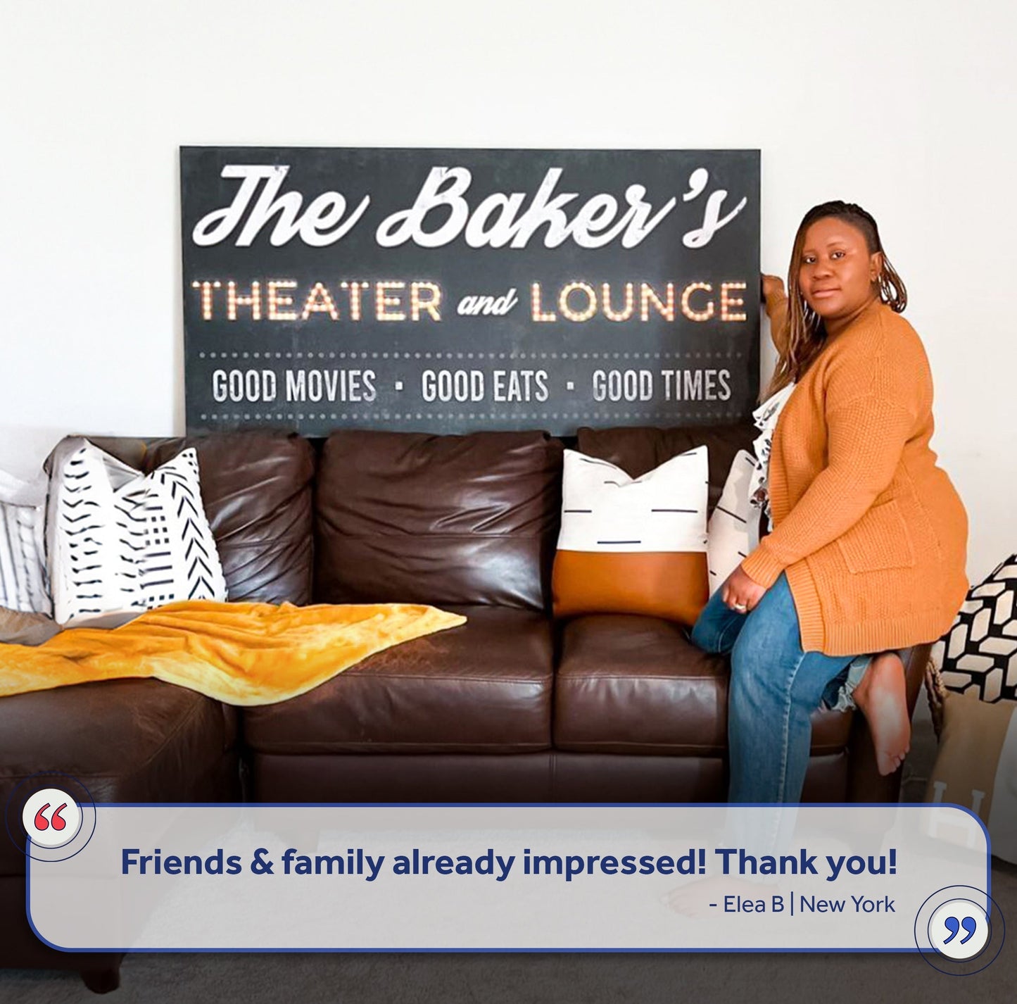 Family Theater and Lounge Sign III canvas with script and marquee bulbs by Tailored Canvases on Tampa Home & Garden Store