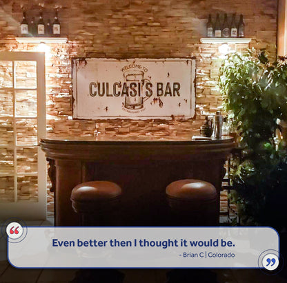 Beer Barrel Bar Sign II canvas by Tailored Canvases, rustic weathered sign on stone wall on Tampa Home & Garden Store