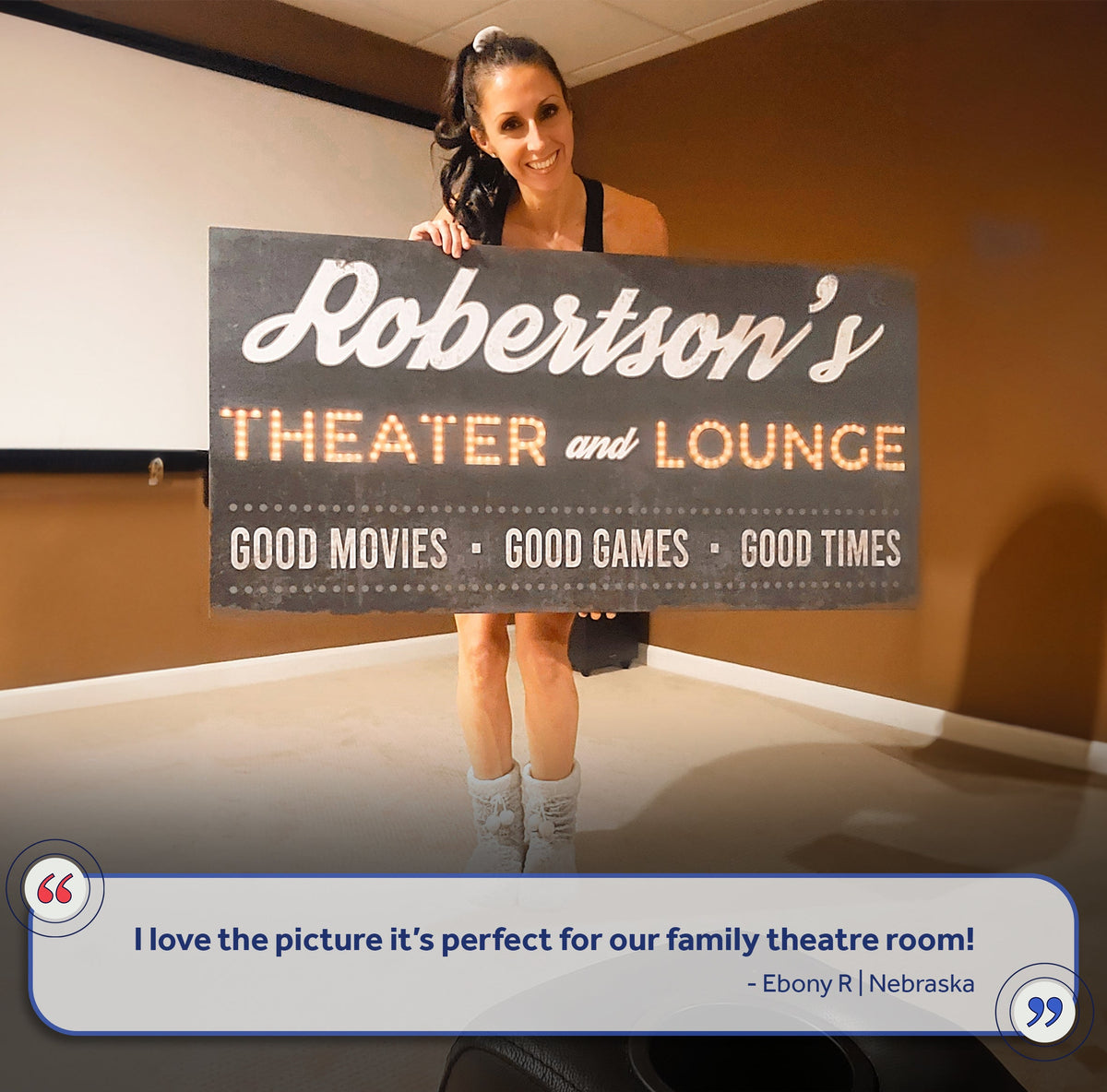 Family Theater and Lounge Sign III canvas by Tailored Canvases; dark gray panel with script on Tampa Home & Garden Store