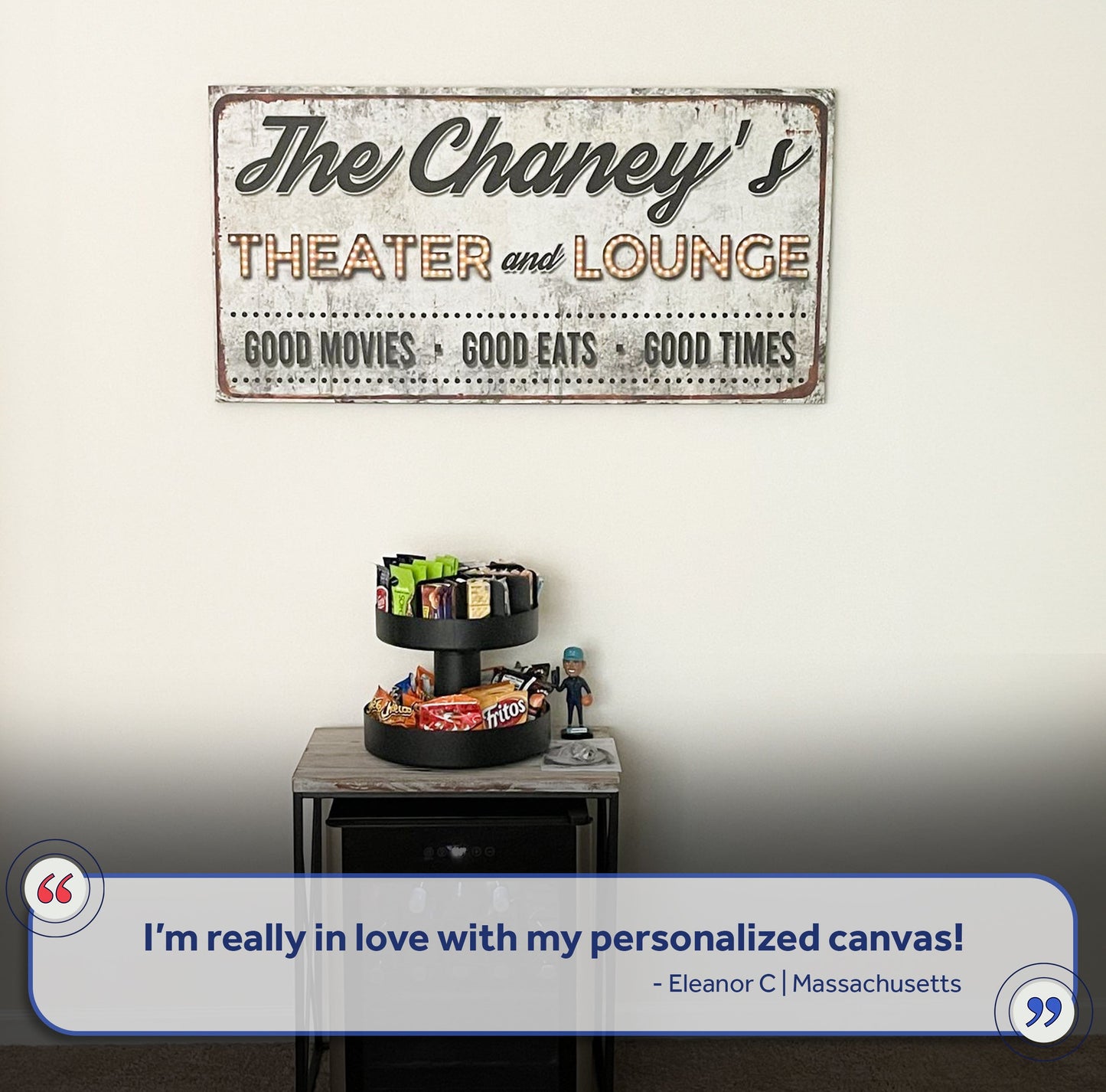 Family Theater and Lounge IV Sign canvas wall art with distressed metal finish and marquee on Tampa Home & Garden Store