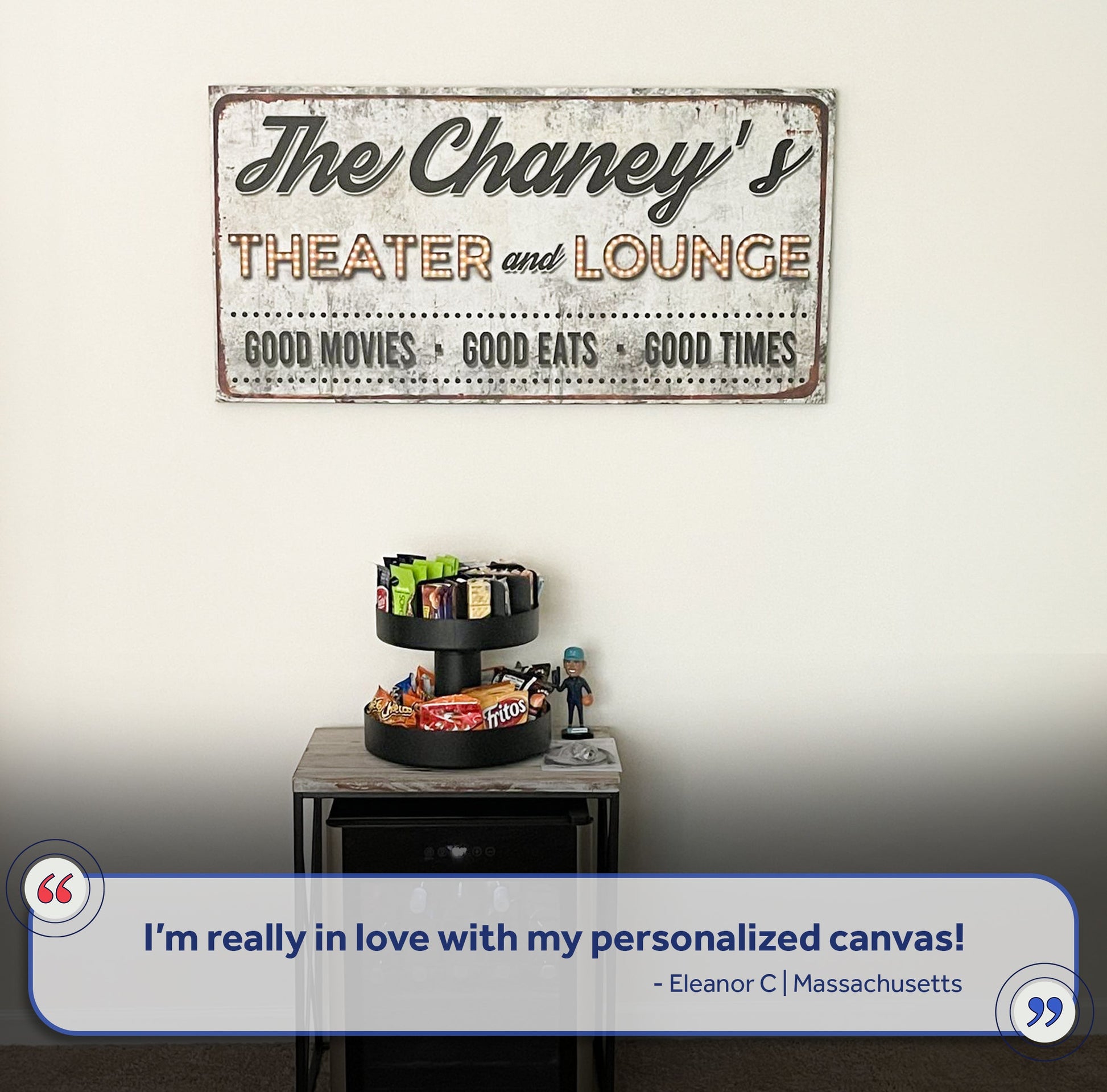 Family Theater and Lounge IV Sign canvas wall art with distressed metal finish and marquee on Tampa Home & Garden Store