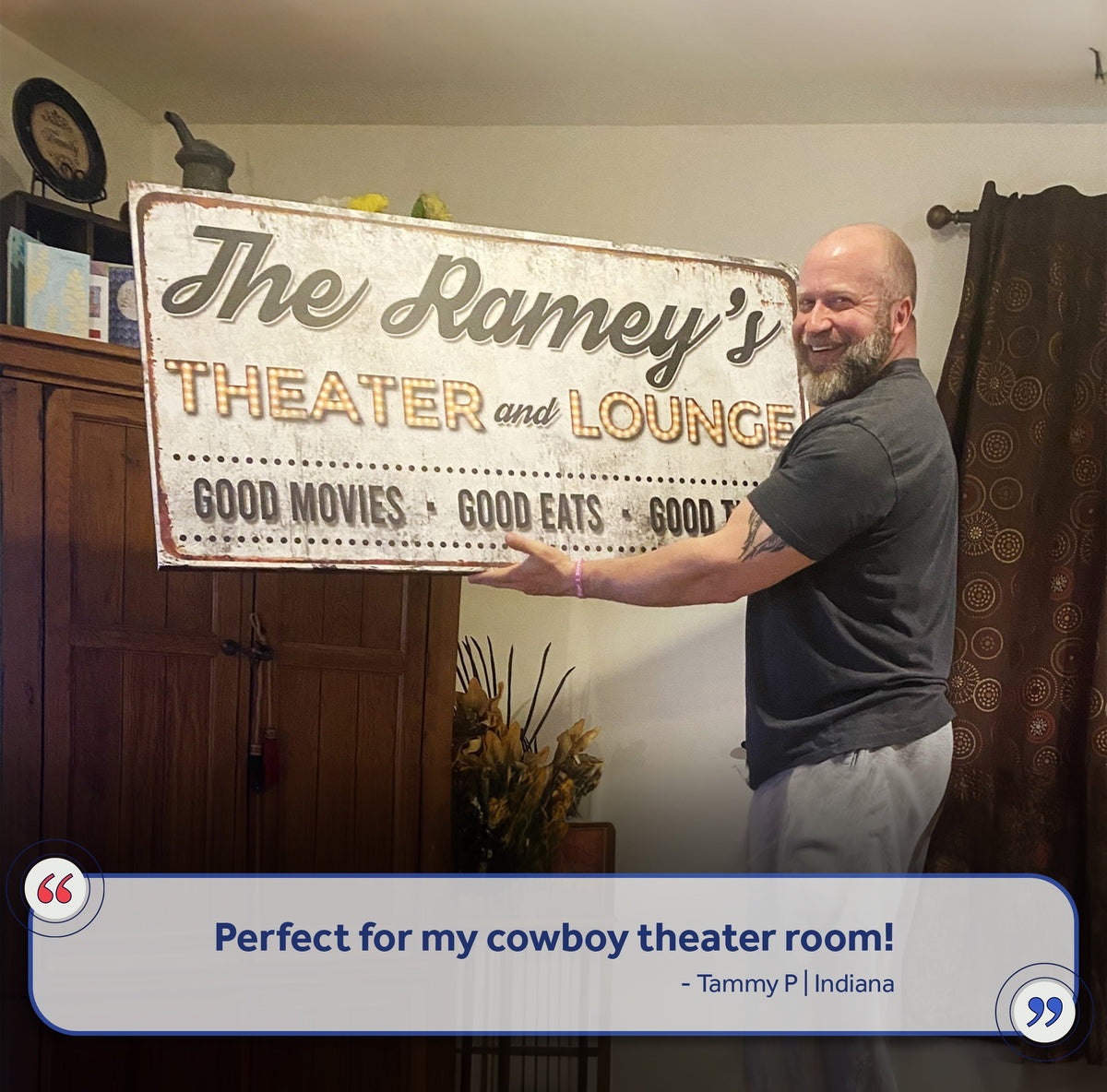 Family Theater and Lounge IV Sign canvas display held by a man on Tampa Home & Garden Store