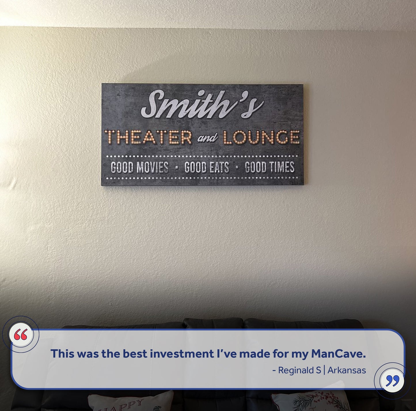 Tailored Canvases Family Theater and Lounge Sign V canvas with rustic gray backdrop on Tampa Home & Garden Store