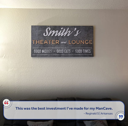Tailored Canvases Family Theater and Lounge Sign V canvas with rustic gray backdrop on Tampa Home & Garden Store