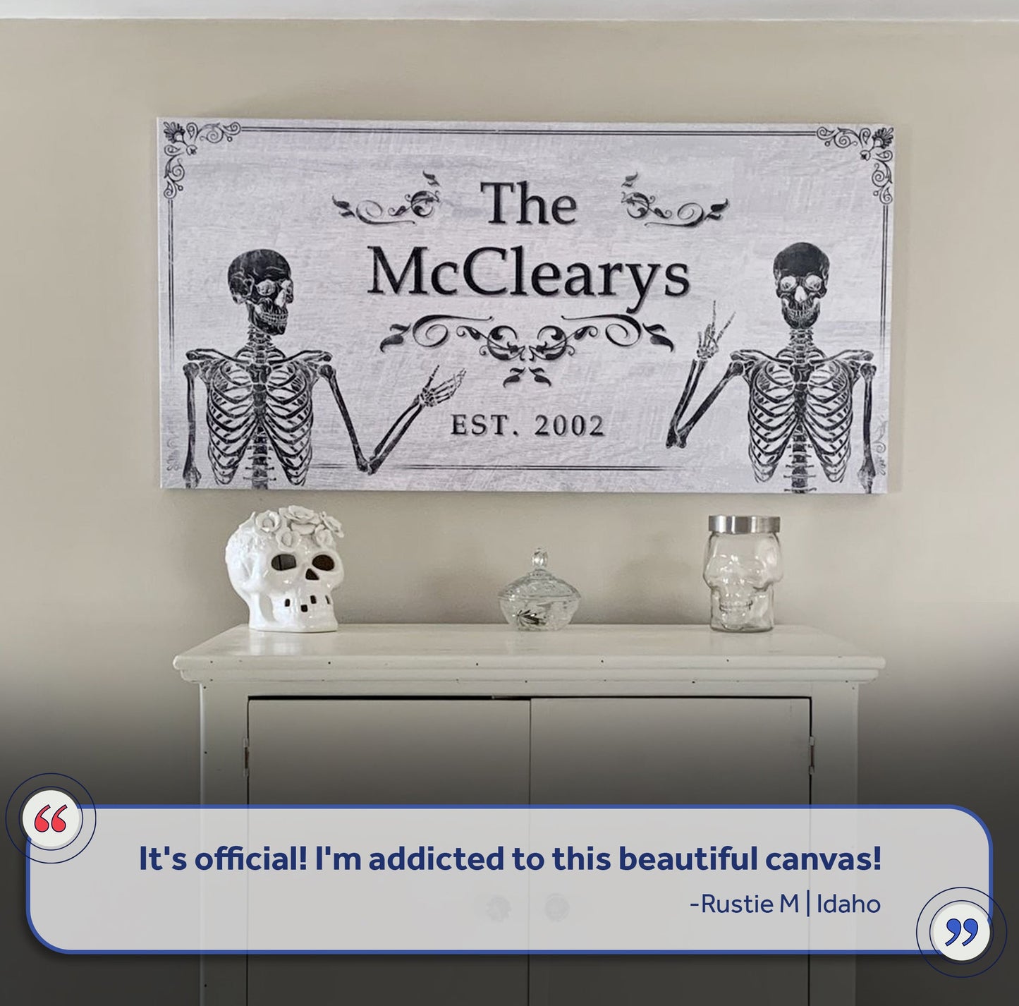 Gothic Family Sign III canvas with ornate border and skeleton silhouettes on Tampa Home & Garden Store