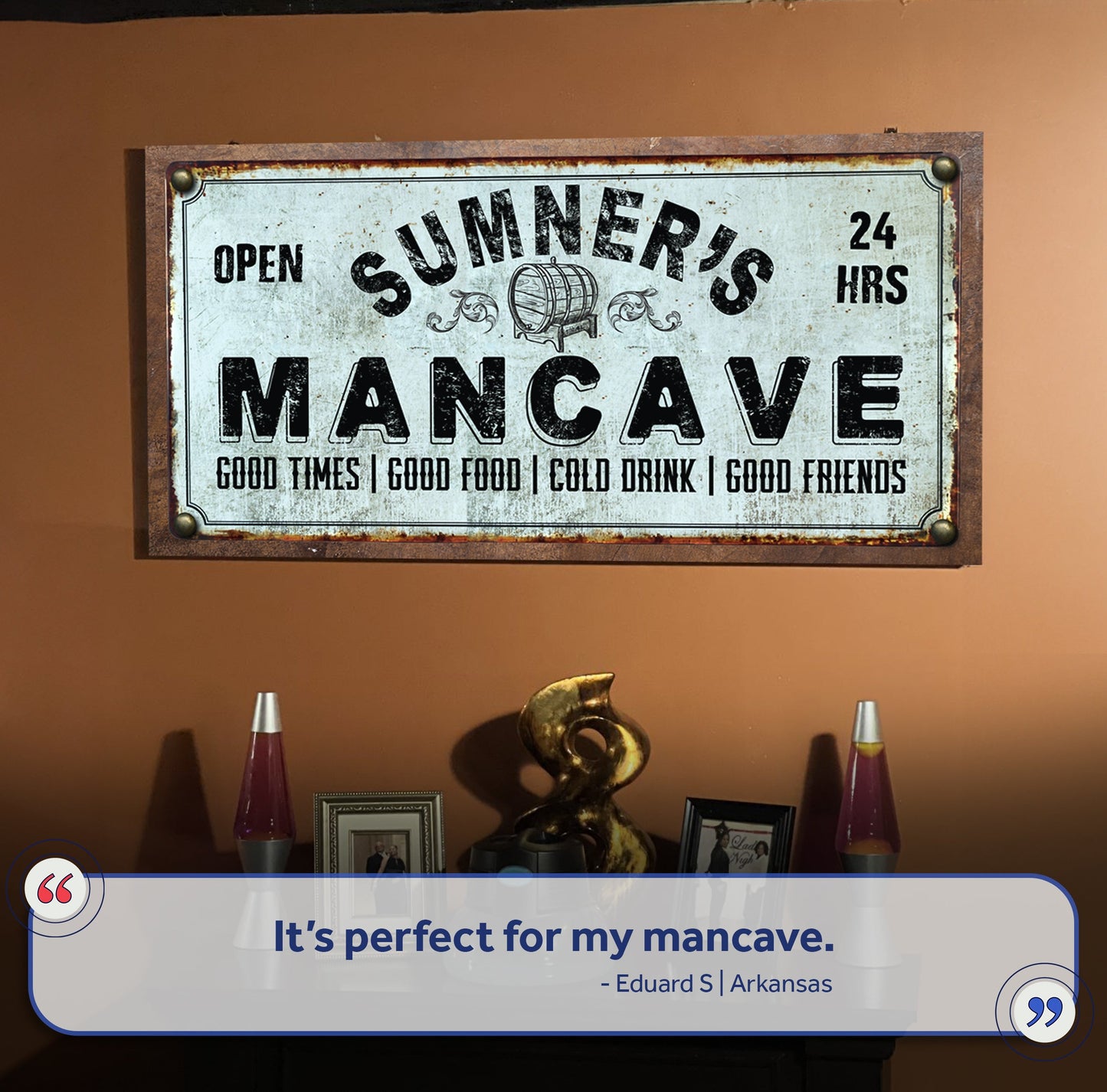 Man Cave sign canvas by Tailored Canvases, distressed white with OPEN 24 HRS and MANCAVE on Tampa Home & Garden Store