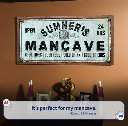 Man Cave sign canvas by Tailored Canvases, distressed white with OPEN 24 HRS and MANCAVE on Tampa Home & Garden Store