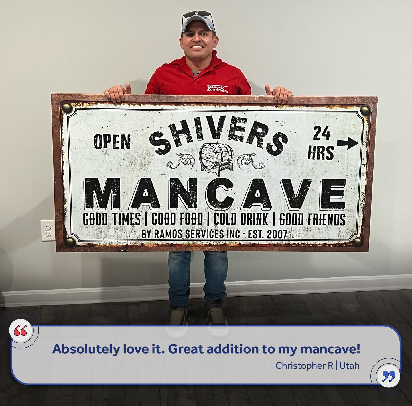 Man Cave Sign canvas by Tailored Canvases, rusted frame, distressed print held by a man in a red shirt on Tampa Home & Garden Store