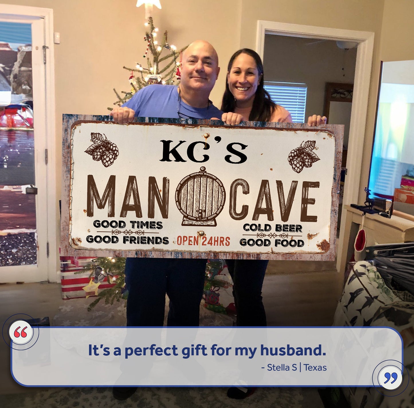 Man Cave Sign III canvas by Tailored Canvases, distressed white sign with KC'S MANCAVE lettering on Tampa Home & Garden Store