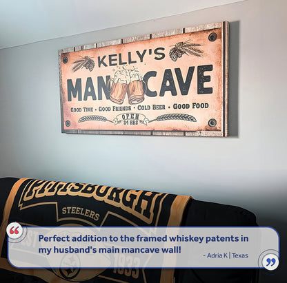 Man Cave Sign IV canvas by Tailored Canvases, copper-toned vintage sign with beer mugs on Tampa Home & Garden Store