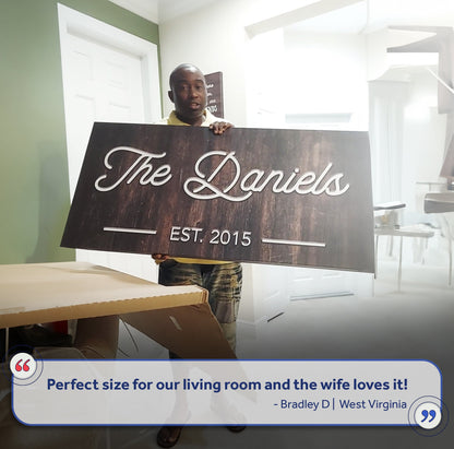 Family Name Sign IV canvas by Tailored Canvases on wood panel with The Daniels EST 2015 on Tampa Home & Garden Store