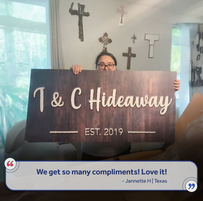 Family Name Sign IV canvas by Tailored Canvases with dark panel and white cursive Est. 2019 on Tampa Home & Garden Store