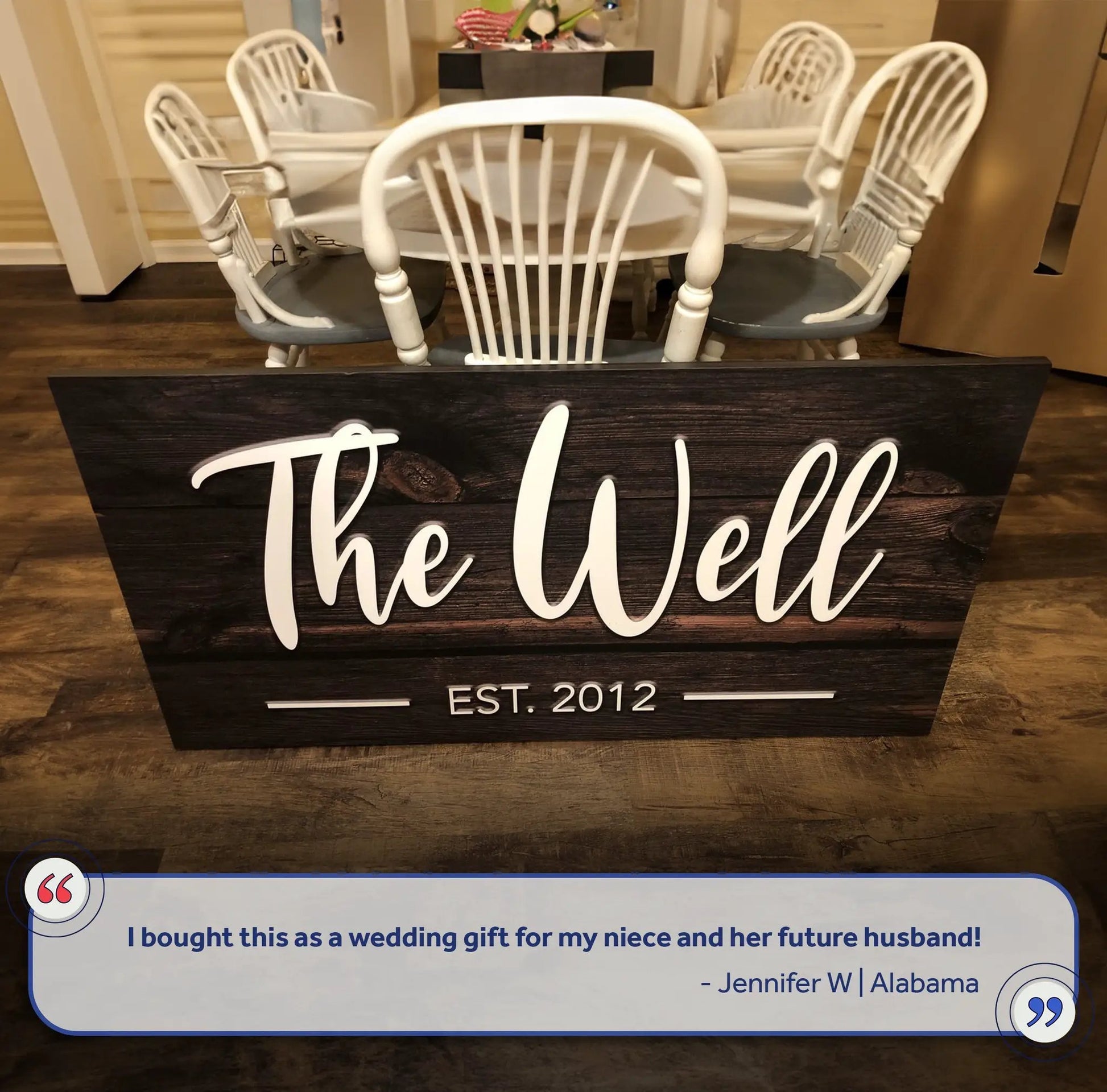 Wooden family name sign on dark wood with white cursive text EST. 2012 by Tailored Canvases on Tampa Home & Garden Store