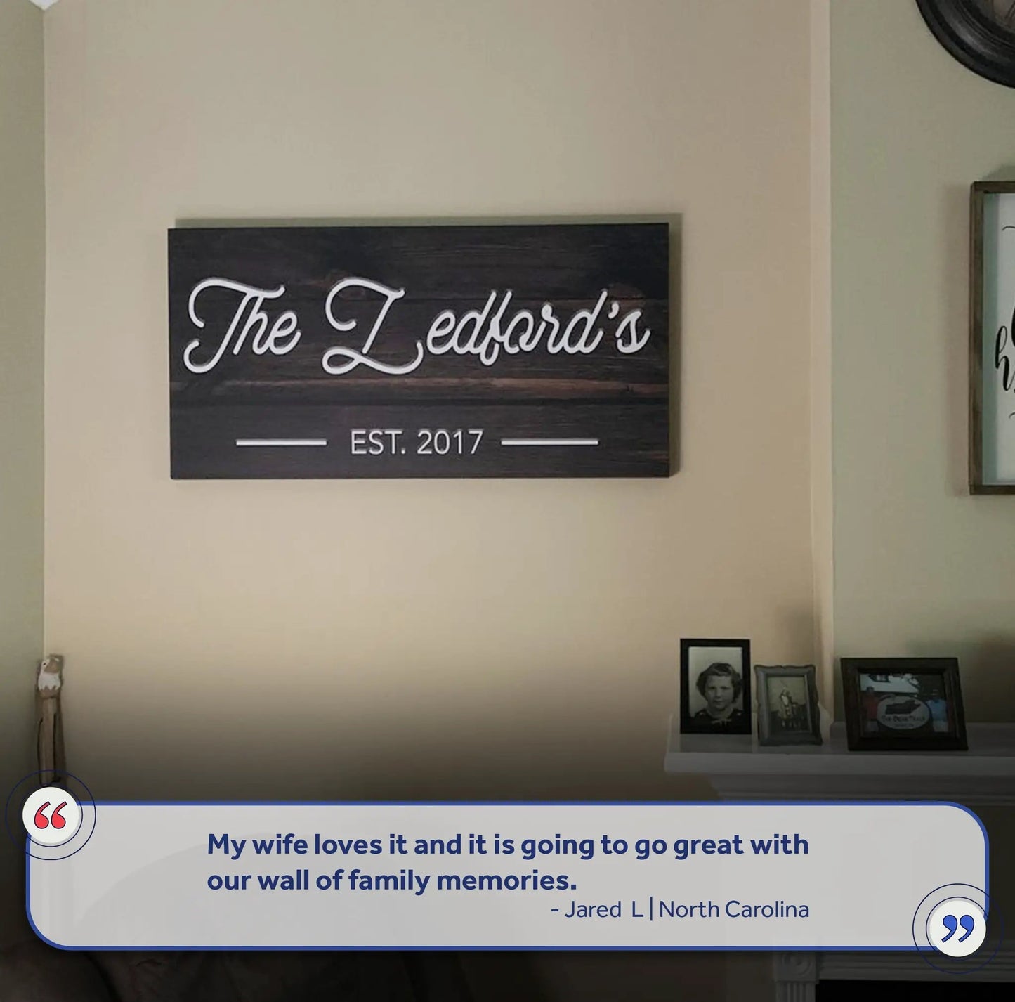Wooden family name sign canvas by Tailored Canvases, dark wood with white script The Ledford's on Tampa Home & Garden Store