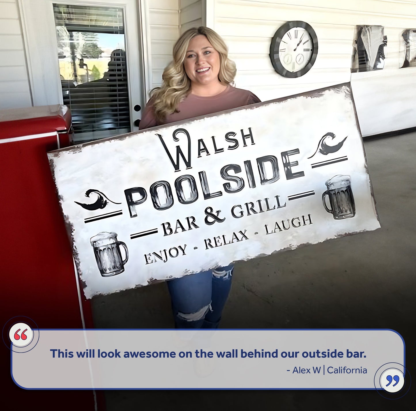 Personalized poolside bar & grill sign canvas with distressed look and black lettering on Tampa Home & Garden Store