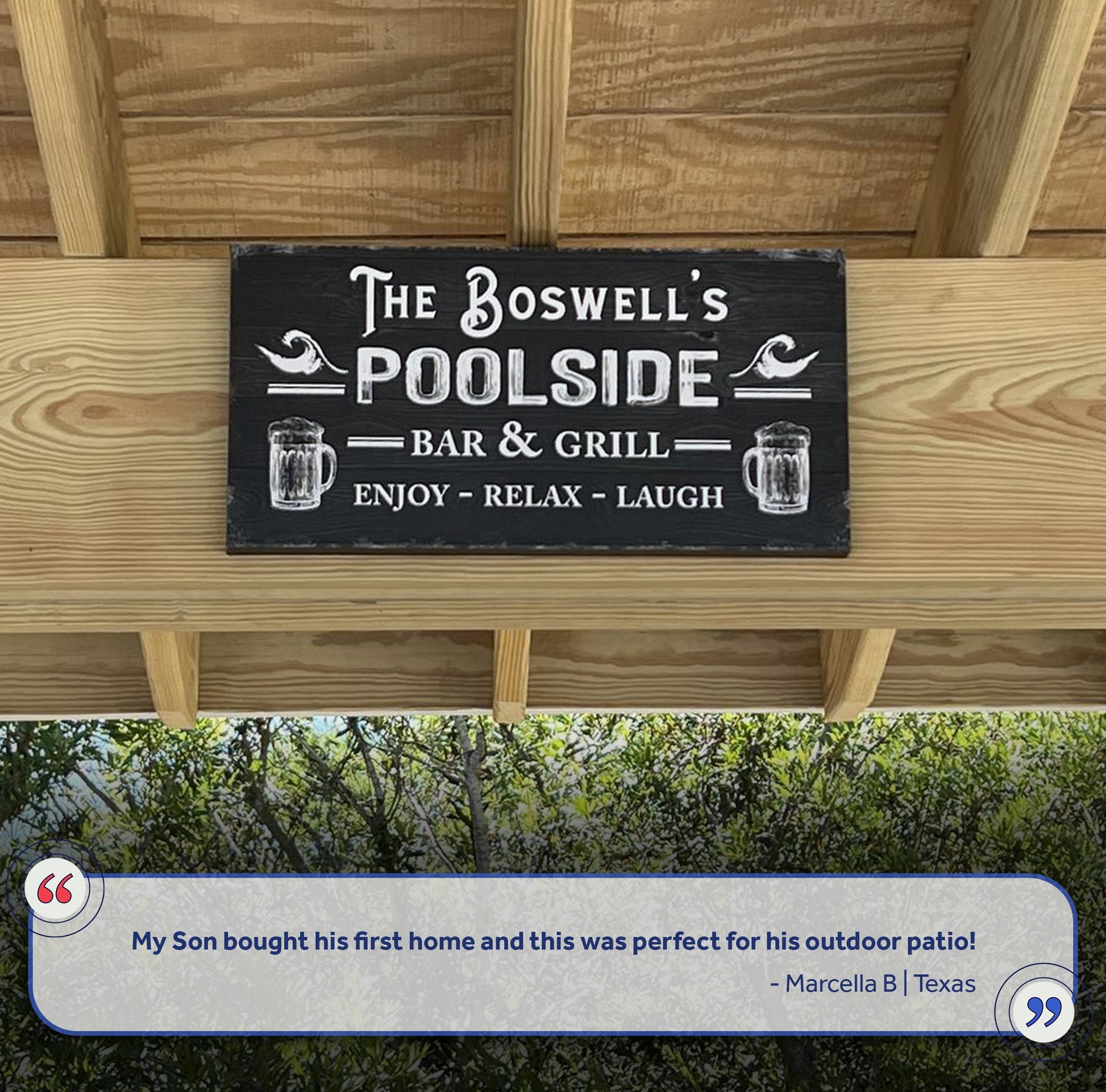 Canvas sign personalized Boswell's Poolside Bar & Grill on black board Tailored Canvases on Tampa Home & Garden Store