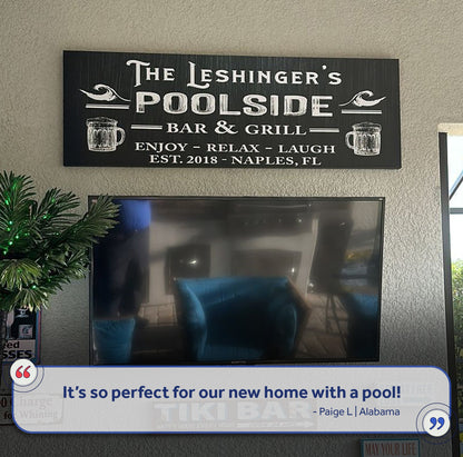 Personalized Poolside Sign Canvas with white lettering and beer mug icons by Tailored Canvases on Tampa Home & Garden Store