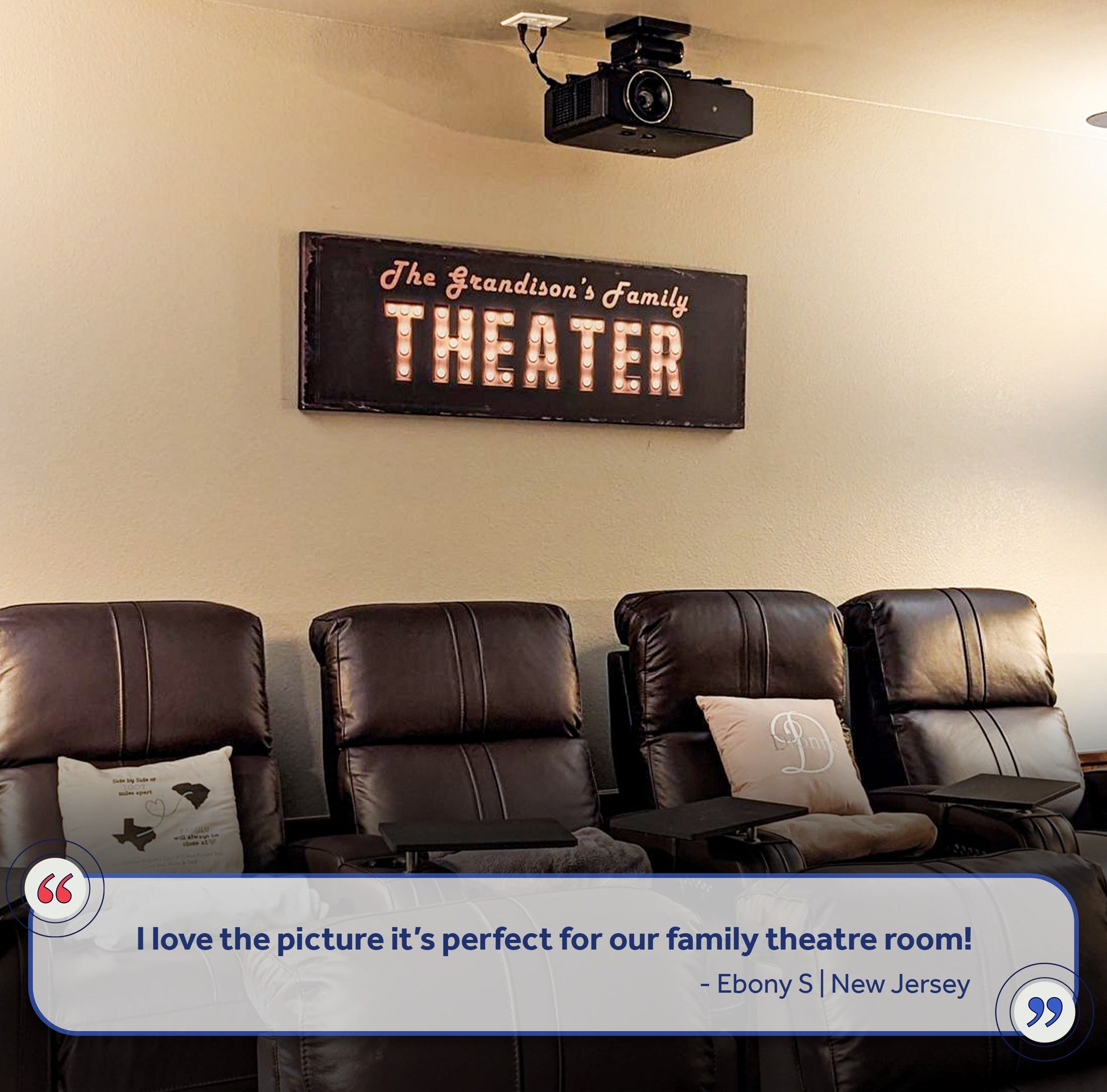 Tailored Canvases Theater Sign canvas with bulb marquee lettering in a home theater room on Tampa Home & Garden Store