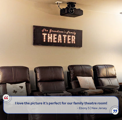 Tailored Canvases Theater Sign canvas with bulb marquee lettering in a home theater room on Tampa Home & Garden Store