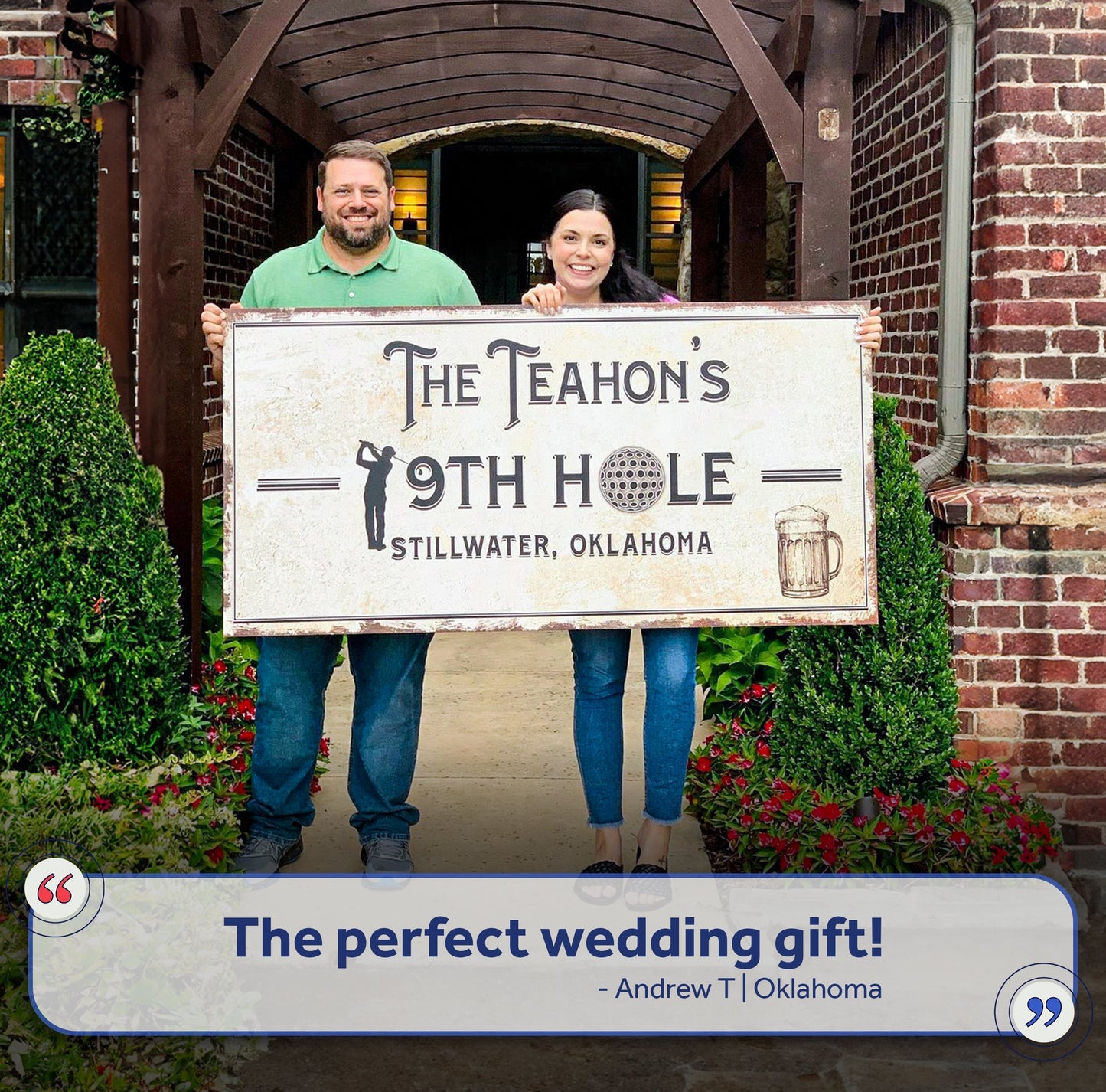19th Hole Golf Sign canvas by Tailored Canvases with vintage golf motif held by two on Tampa Home & Garden Store