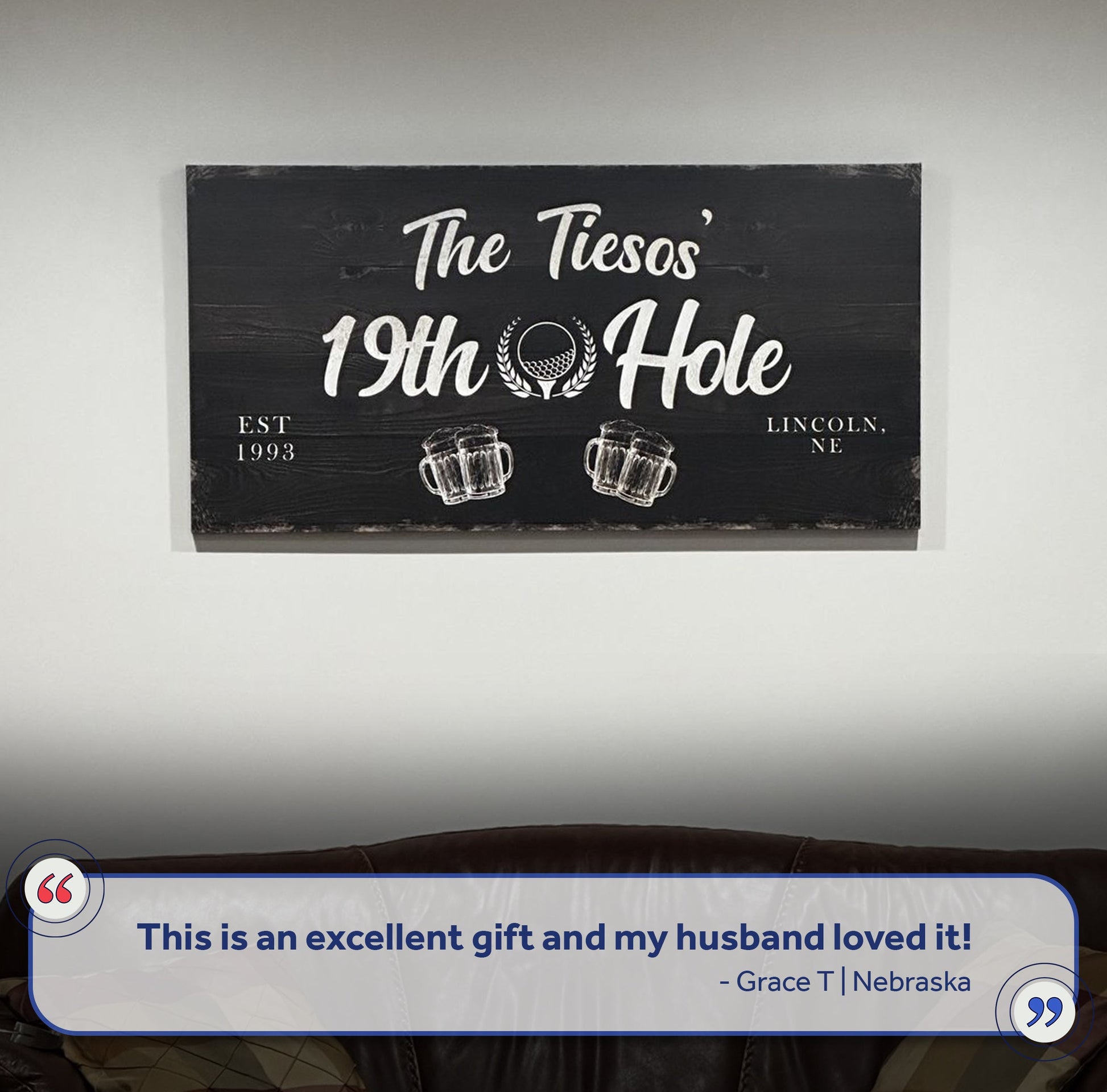 19th Hole Golf Personalized Sign II canvas by Tailored Canvases with script on black wood on Tampa Home & Garden Store
